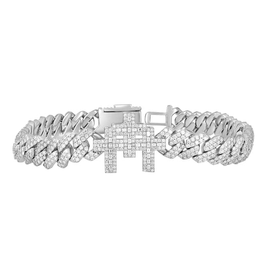 Sterling Silver Unisex Baguette Round Moissanite Triple Cross Religious Charm Cuban Bracelet