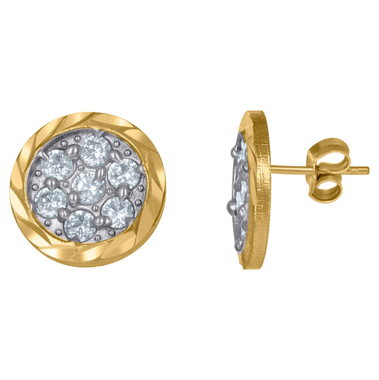 10K Gold Two-Tone Cubic-Zirconia Mens Diamond Cut Round 14.1mm Push Back Studs