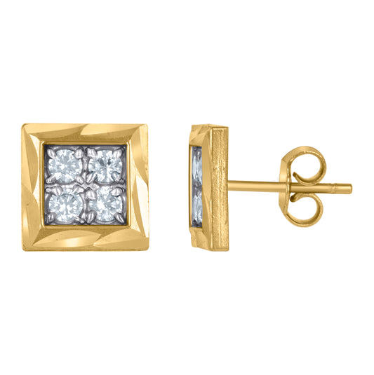 10K Gold Two-Tone Cubic-Zirconia Mens Diamond Cut Square 8.9mm Push Back Studs