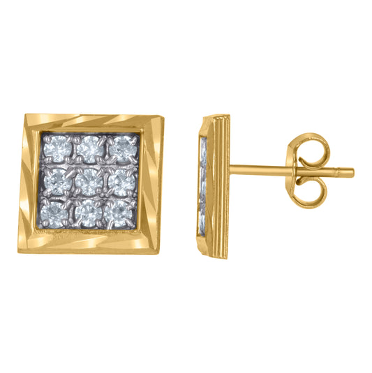 10K Gold Two-Tone Cubic-Zirconia Mens Diamond Cut Square 11mm Push Back Studs