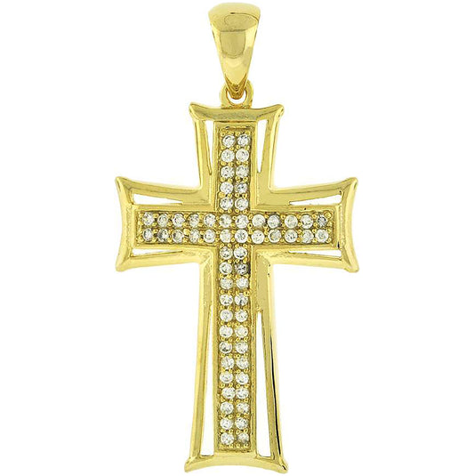 Sterling Silver Yellow-Tone Unisex Cubic-Zirconia Cross Religious Charm Pendant