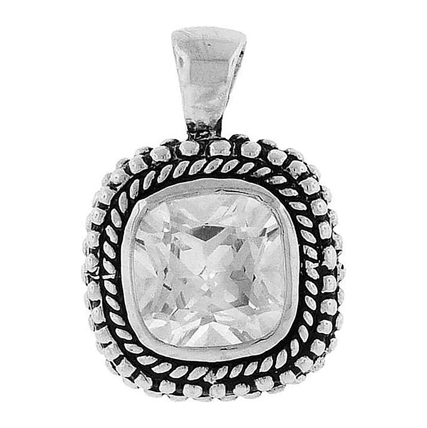Sterling Silver Womens Cubic Zirconia Square Antiqued Fashion Charm Pendant