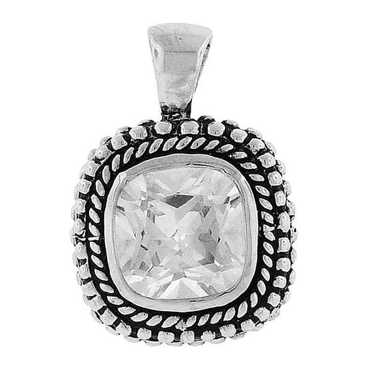 Sterling Silver Womens Cubic Zirconia Square Antiqued Fashion Charm Pendant