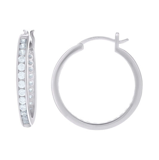 Sterling Silver Womens Cubic Zirconia In-Out Hoop Earrings 25mm