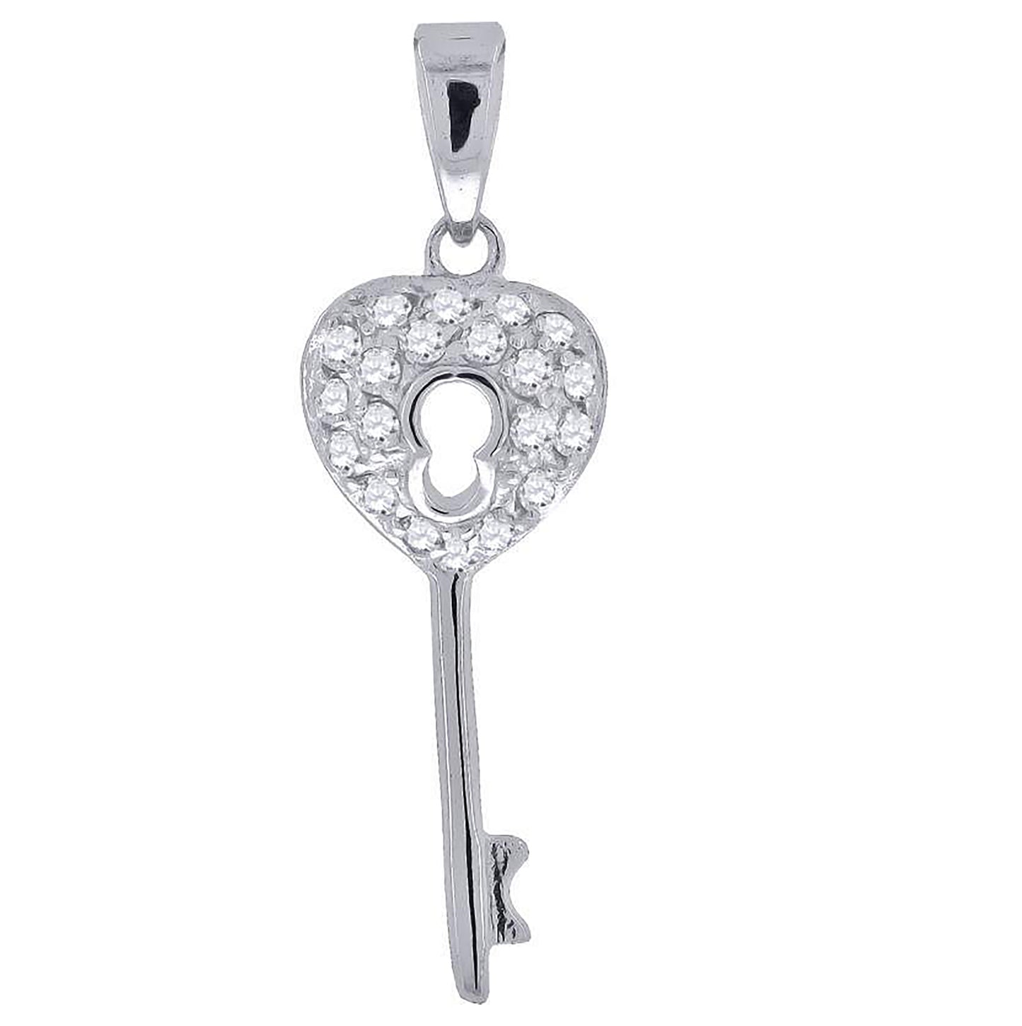 Sterling Silver Mens Cubic Zirconia Key Heart Charm Pendant