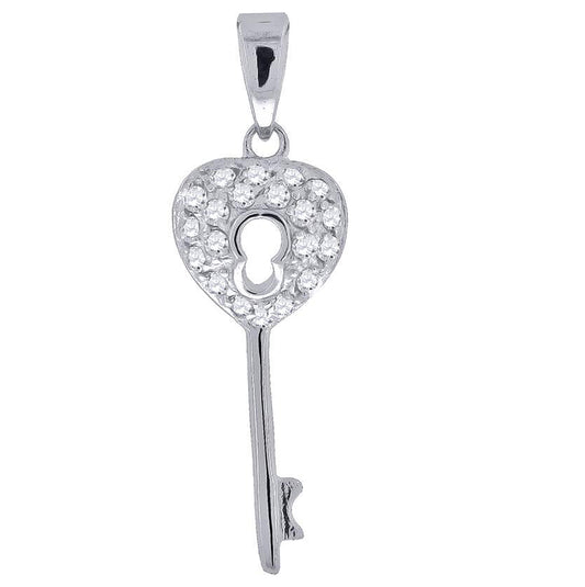 Sterling Silver Mens Cubic Zirconia Key Heart Charm Pendant