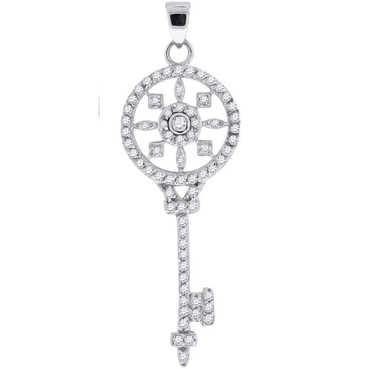 Sterling Silver Mens Cubic Zirconia Key Charm Pendant