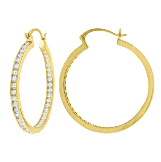 Sterling Silver Yellow-Tone Womens Cubic Zirconia Single Row Huggie Hoop Earrings
