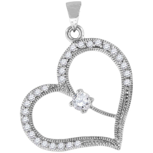 Sterling Silver Womens Cubic-Zirconia Heart Charm Pendant