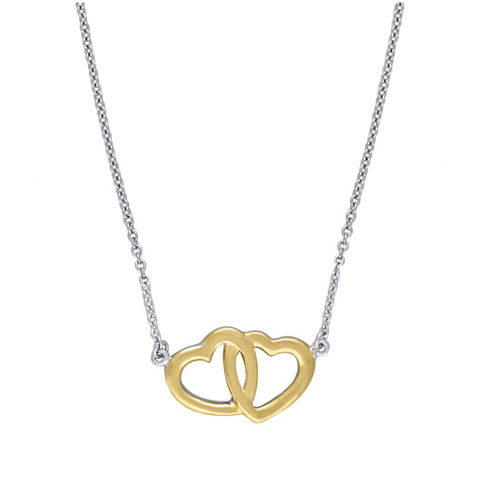 Sterling Silver Yellow-Tone Women Cubic Zirconia Rolo Link Hearts Necklace
