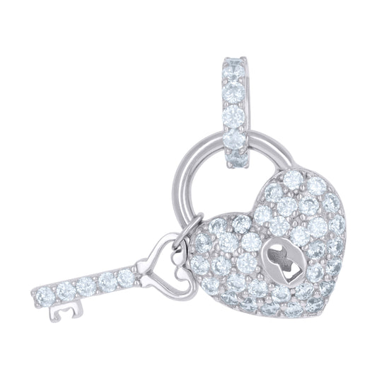 Sterling Silver Womens Cubic-Zirconia Key & Lock Heart Charm Pendant