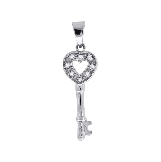 Sterling Silver Womens Cubic-Zirconia Heart Key Charm Pendant