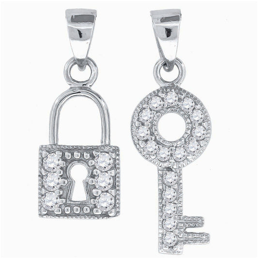 Sterling Silver Womens Cubic-Zirconia Love & Key Charm Pendant