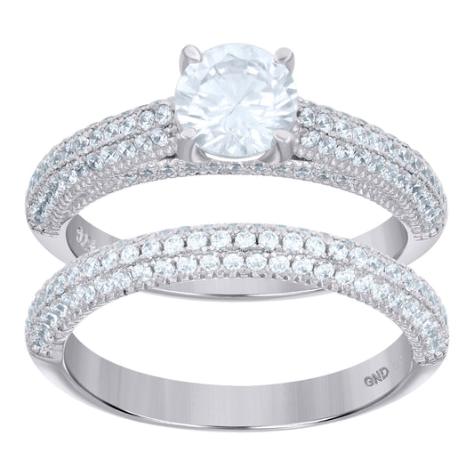 Sterling Silver Women's Cubic-Zirconia Duo Bridal Anniversary Wedding Engagement Band Ring Set