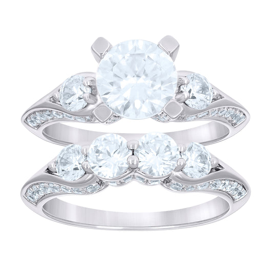 Sterling Silver Women's Cubic-Zirconia Duo Bridal Anniversary Wedding Engagement Band Ring Set