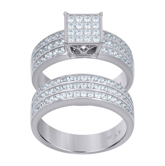 Sterling Silver Women's Cubic-Zirconia Duo Bridal Anniversary Wedding Engagement Band Ring Set