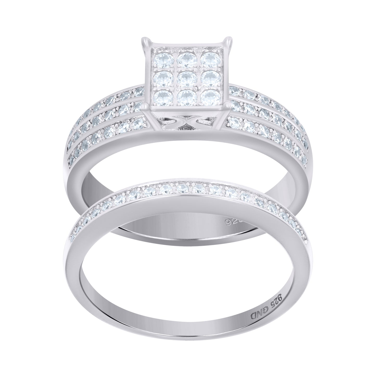 Sterling Silver Women's Cubic-Zirconia Duo Bridal Anniversary Wedding Engagement Band Ring Set