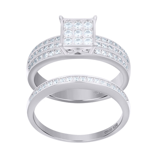 Sterling Silver Women's Cubic-Zirconia Duo Bridal Anniversary Wedding Engagement Band Ring Set