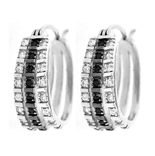 Sterling Silver Womens Black Cubic Zirconia Triple Row Huggie Hoop Earrings