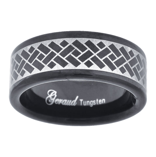 Tungsten Two-tone Laser Itched Geometric Design Mens Comfort-fit 8mm Sizes 7 - 14 Bridal Anniversary Engagement Wedding Band
