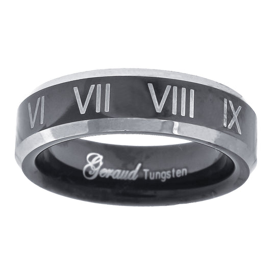 Tungsten Black & White Polished Roman Numbers Mens Comfort-fit 4mm Sizes 7 - 14 Bridal Anniversary Engagement Wedding Band