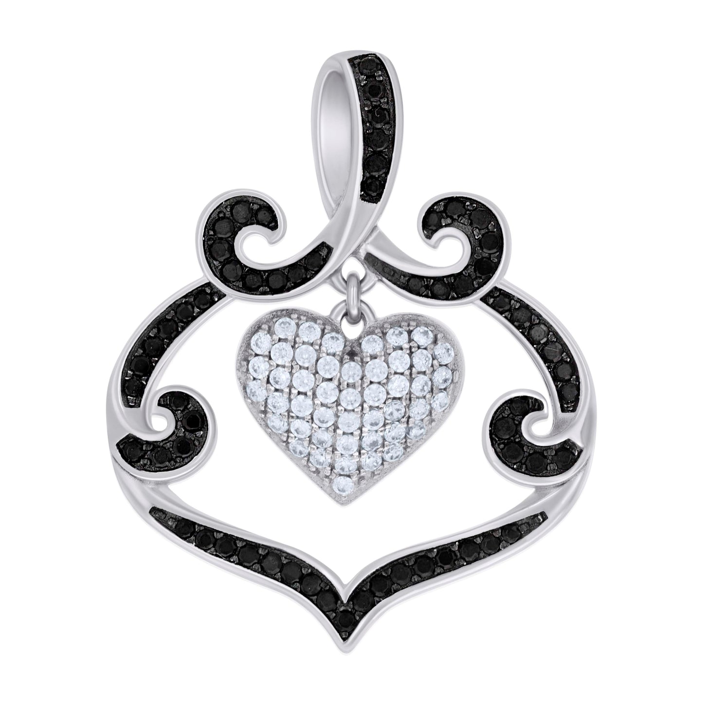 Sterling Silver Black-tone Womens Black White Cubic-Zirconia Heart Charm Pendant