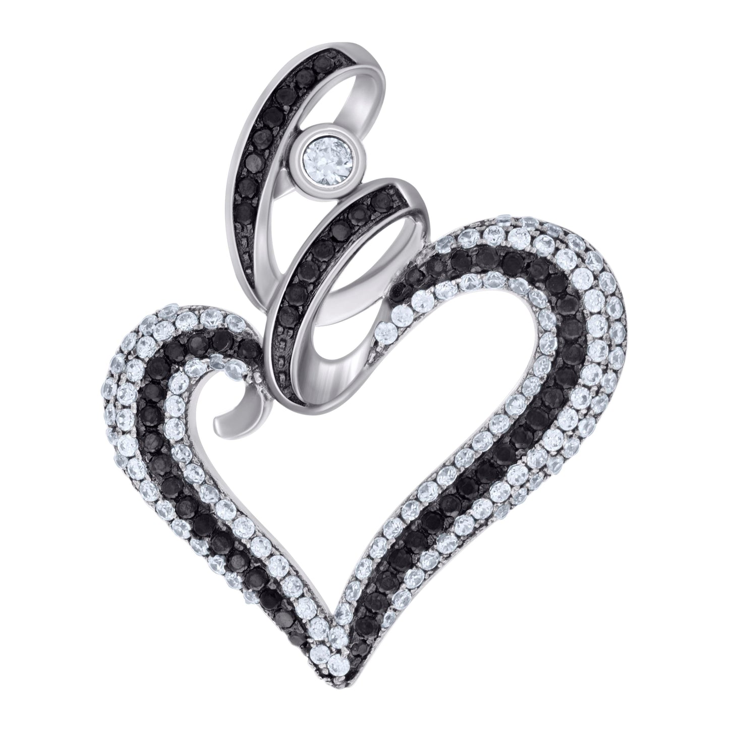 Sterling Silver Black-tone Womens Black White Cubic-Zirconia Heart Charm Pendant
