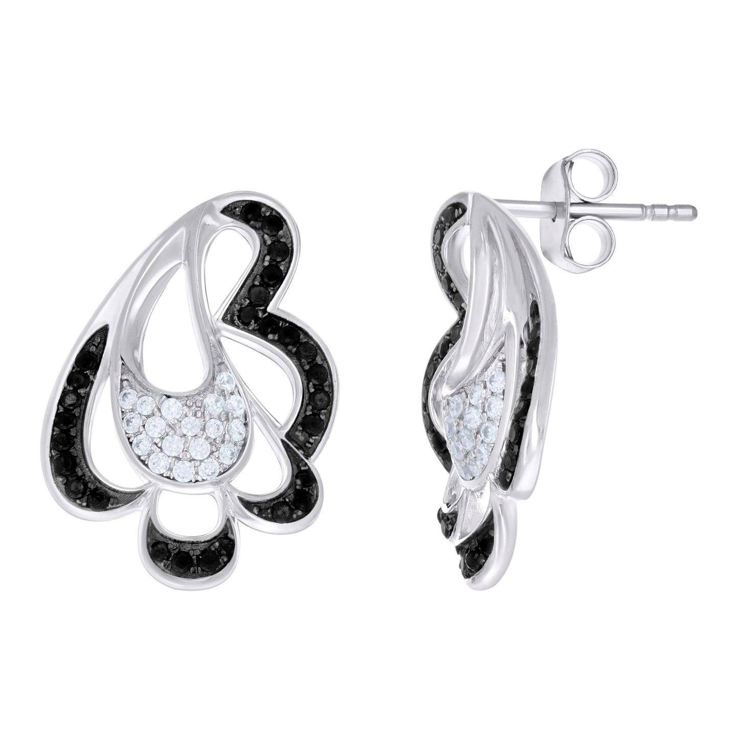 Sterling Silver Black-Tone Womens Black White Round Cubic-Zirconia Fashion Stud Earrings