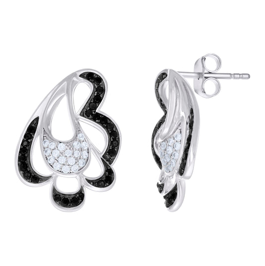 Sterling Silver Black-Tone Womens Black White Round Cubic-Zirconia Fashion Stud Earrings