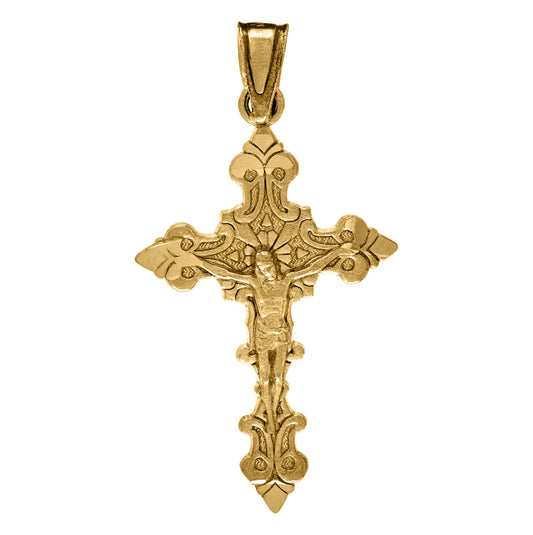 10K Yellow Gold Unisex Diamond-Cut Filigree Crucifix Cross Religious Charm Pendant