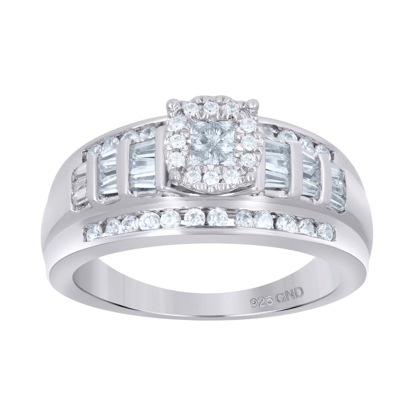 Sterling Silver Womens Princess-Cut/Baguette Round Cubic-Zirconia Fashion Bridal Anniversary Wedding Engagement Band Ring