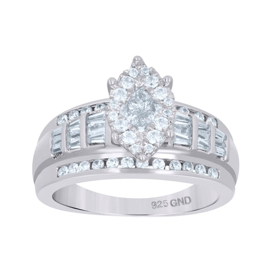 Sterling Silver Women's Princess-Cut/Baguette Round Cubic-Zirconia Fashion Bridal Anniversary Wedding Engagement Band Ring
