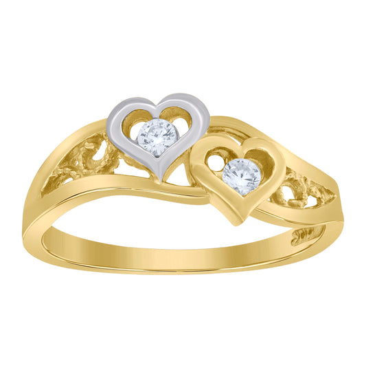 10K Two-Tone Gold Womens Cubic Zirconia Double Heart Ring