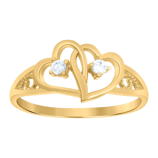 10K Yellow Gold Womens Cubic Zirconia Double Heart Engagement Ring