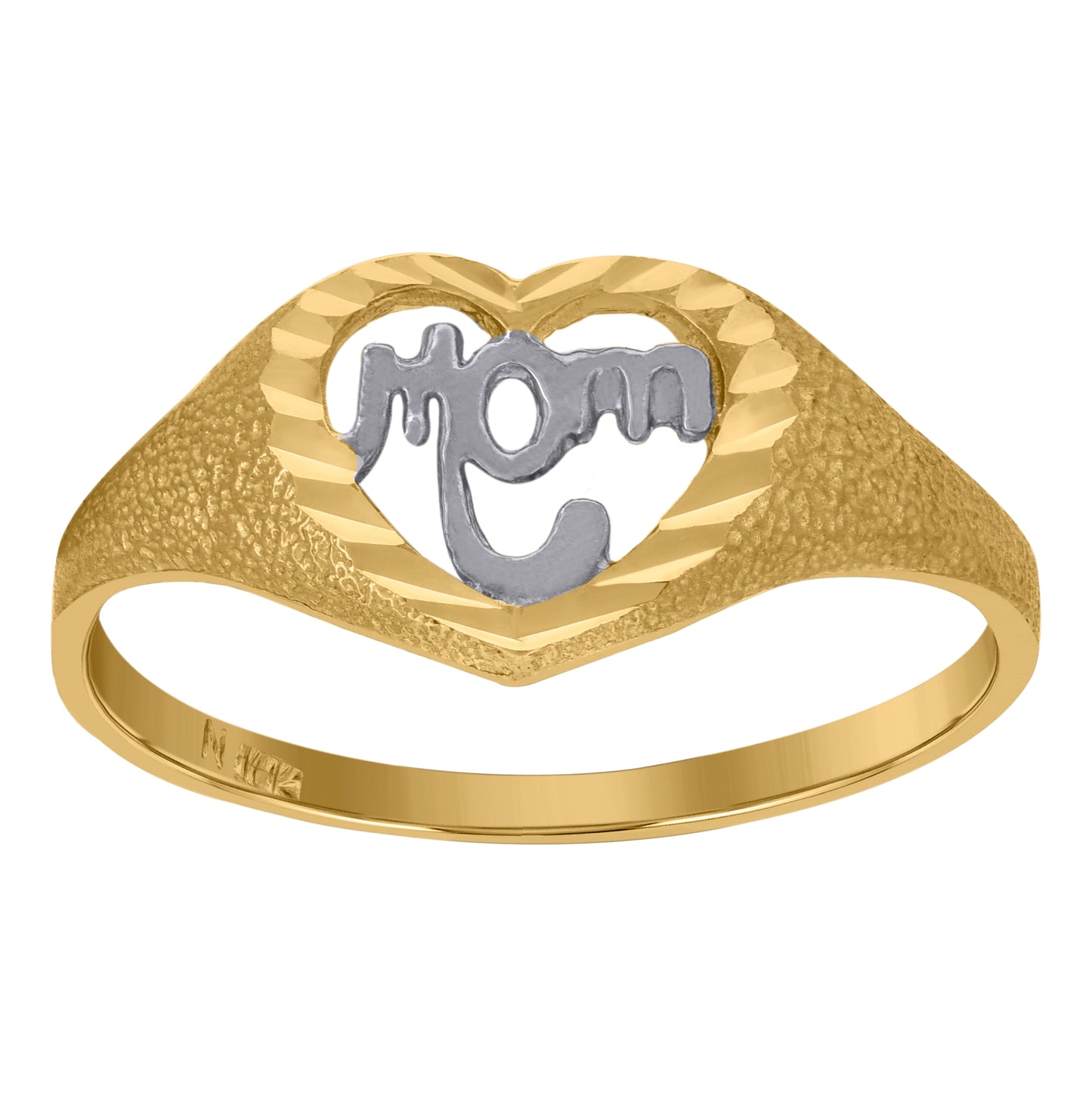 10K Two-Tone Gold Womens Diamond Cut Textured Mom Heart Shape Ring