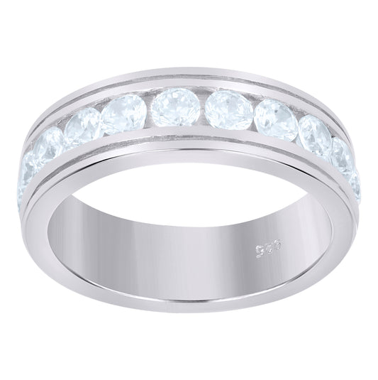 Sterling Silver Women Chanel Set Cubic Zirconia Round Side Groove Eternity Bridal Anniversary Wedding Engagement Band Ring Sizes 7 To 12