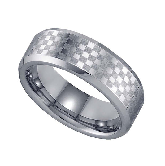 Tungsten Checker Flag Beveled Edges Mens Comfort-fit 8mm Size 7 - 14 Bridal Anniversary Engagement Wedding Band