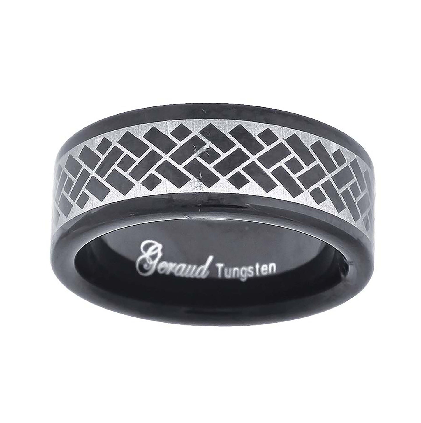 Tungsten Two-tone Laser Itched Geometric Design Mens Comfort-fit 8mm Sizes 7 - 14 Bridal Anniversary Engagement Wedding Band