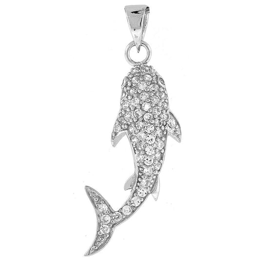 Sterling Silver Mens Cubic Zirconia Shark Charm Pendant