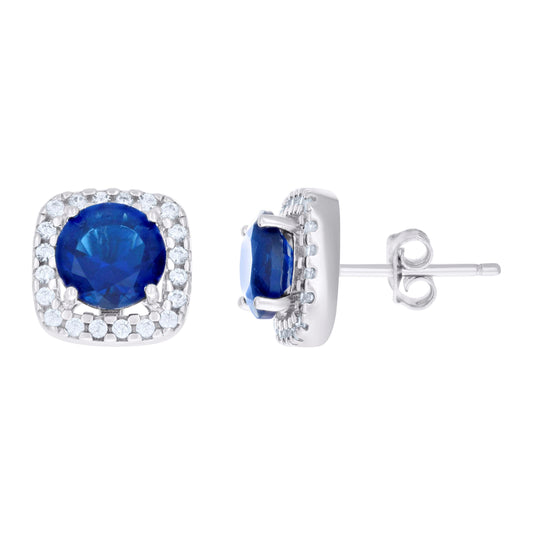 Sterling Silver Womens Blue Cubic Zirconia Square Stud Earrings
