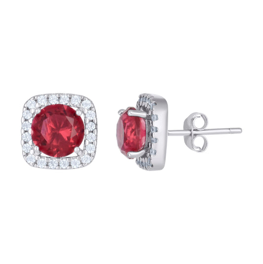 Sterling Silver Womens Red Cubic Zirconia Square Stud Earrings