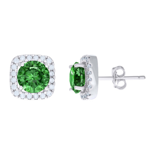 Sterling Silver Womens Green Cubic Zirconia Square Stud Earrings