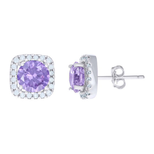 Sterling Silver Womens Purple Cubic Zirconia Square Stud Earrings