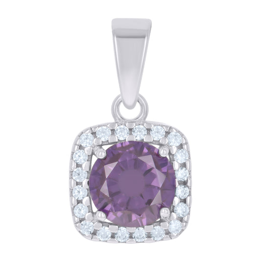 Sterling Silver Womens Purple Cubic Zirconia Fashion Square Charm Pendant