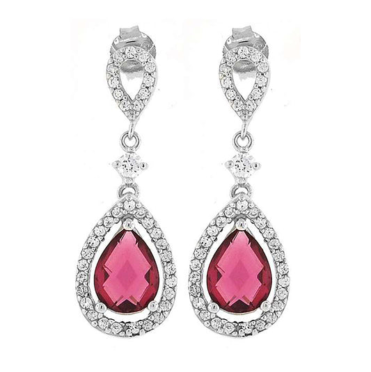 Sterling Silver Womens Red Cubic Zirconia Tear Drop Dangle Earrings