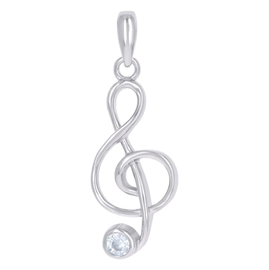 Sterling Silver Unisex Cubic Zirconia Note Treble Clef Charm Pendant