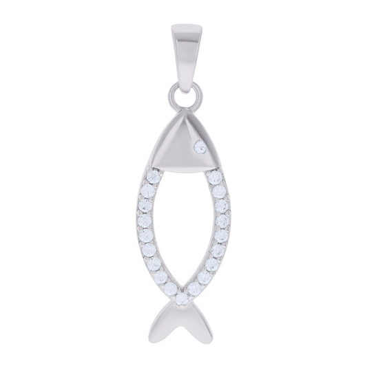 Sterling Silver Unisex Cubic Zirconia Fish Charm Pendant