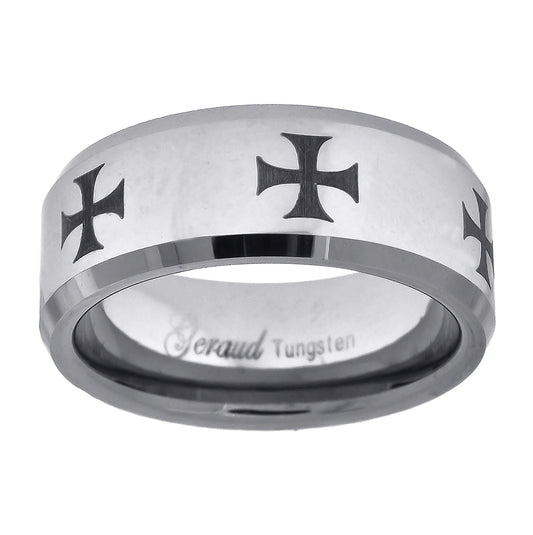 Tungsten Laser Engraved Black Knight Cross Beveled Edges Comfort-fit 8mm Sizes 7 - 14 Bridal Anniversary Engagement Wedding Band