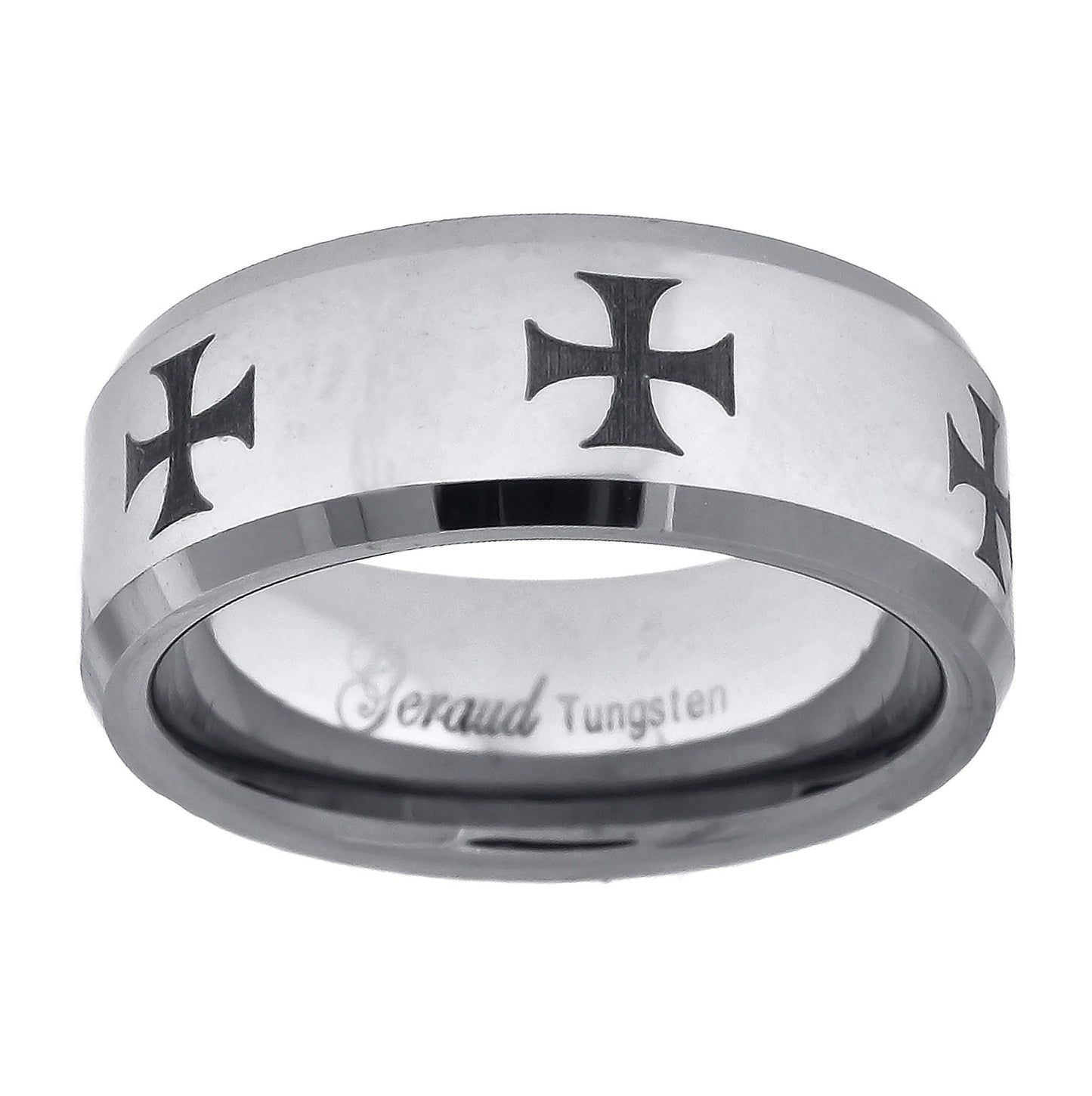 Tungsten Laser Engraved Black Knight Cross Beveled Edges Comfort-fit 8mm Sizes 7 - 14 Bridal Anniversary Engagement Wedding Band