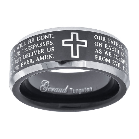 Tungsten Black Christian Cross with Prayer Beveled Edges Comfort-fit 8mm Sizes 7 - 14 Bridal Anniversary Engagement Wedding Band
